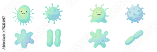 Set of diverse stylized microscopic organisms including bacteria viruses and amoeba shapes some with friendly faces and watercolor textures
