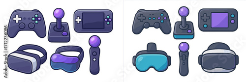Collection of modern and retro gaming devices including controllers, joysticks, handheld consoles, and virtual reality headsets