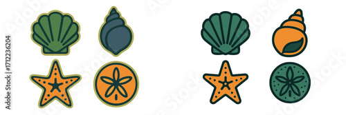 Colorful stylized marine sea life icons set featuring various seashells, starfish, and sand dollars