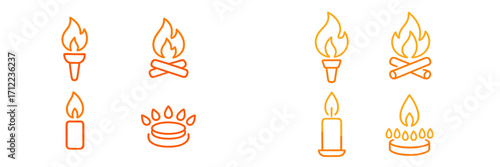 Comprehensive collection of fire and light source outline icons with gradient for various design projects