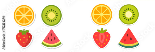 Vibrant assortment of fresh fruit slices and whole fruits: orange, kiwi, strawberry, watermelon in flat design