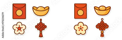 Traditional Chinese cultural symbols featuring red envelopes, gold ingots, plum blossoms, and decorative knots