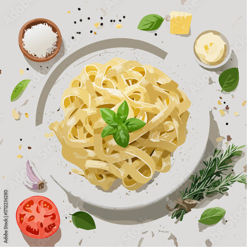 Exquisite culinary illustration presenting a comforting bowl of pasta, adorned with fragrant basil and encircled by a variety of farm-fresh components ready for a delightful meal
