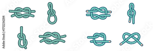 Diverse rope knots set featuring square knot, figure eight, bowline, and sheet bend for different applications