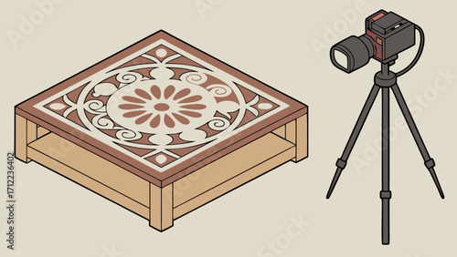 Isometric illustration of a camera on a tripod photographing a decorative wooden coffee table.