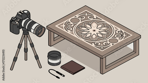 Isometric illustration of a camera on a tripod next to a decorative table with photography accessories.
