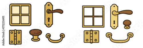 Elegant collection of vintage golden door handles, window frames, cabinet knobs, hinges, and drawer pulls for architectural design and interior decoration projects