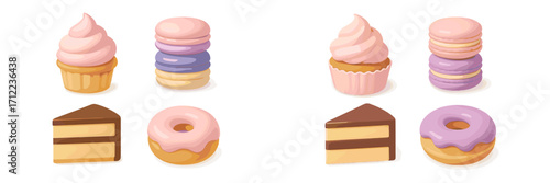 Delicious pastel colored sweet desserts including frosted cupcakes, stacked macarons, glazed donuts, and chocolate cake slices