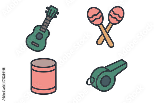 Diverse collection of musical instruments including ukulele, maracas, drum, and a whistle for sound and rhythm
