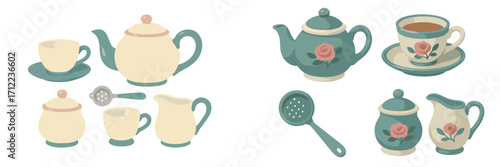 Elegant vintage tea set and kitchenware with teapots, cups, sugar bowls, milk jugs, and strainers adorned with floral patterns