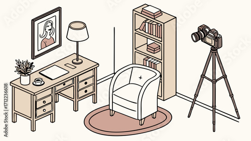 Isometric illustration of a home office setup with camera on tripod ideal for blogging vlogging and online content creation.