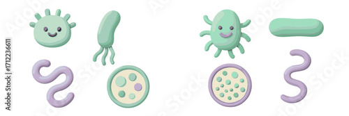 Set of cute stylized microorganisms including bacteria, viruses, and cells in soft pastel colors for health and science