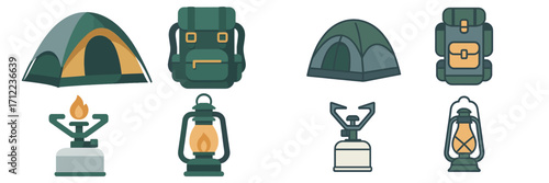 Essential outdoor adventure and camping equipment including tents, backpacks, portable stoves, and lanterns for wilderness exploration