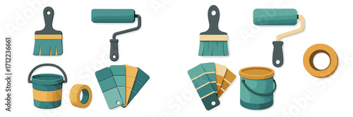 Essential painting equipment, color swatches, and supplies for home improvement and creative projects