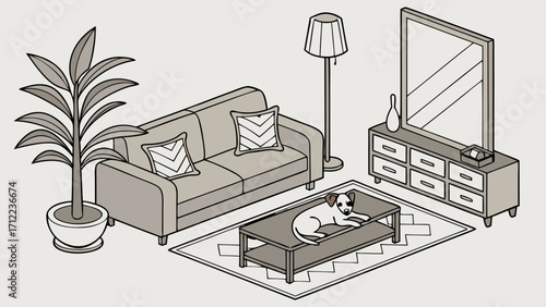 Isometric illustration of a living room interior with a dog sofa coffee table and plant.