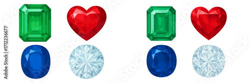Collection of colorful faceted gemstones in various shapes including emerald, heart, oval, and round cuts