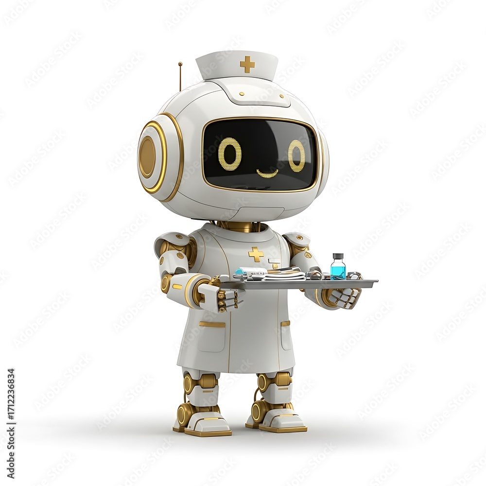 Naklejka premium Futuristic AI Robot Nurse with Gold LED Accents