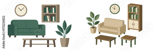 Modern living room furniture and home decor elements including sofas, bookshelves, clocks, and potted plants