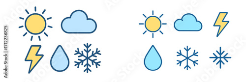Comprehensive collection of weather forecast symbols and icons, including sun, cloud, lightning, rain, and snowflake elements for meteorological design
