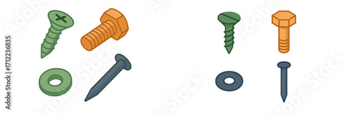 Collection of common construction and carpentry fasteners including various types of screws, bolts, nails, and washers for building projects