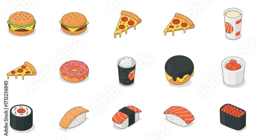 Isometric Fast Food and Sushi Collection.