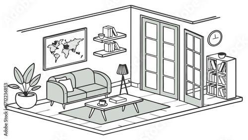 Isometric Illustration of a Living Room Interior with Sofa Bookshelves and World Map.