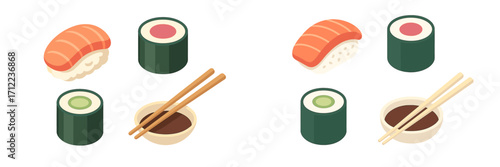Assortment of traditional Japanese sushi rolls, nigiri, and chopsticks with soy sauce bowl on white background