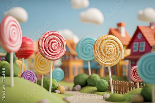 Colorful candy lollipops and sweet swirls hang like isolated fruit from a magical tree