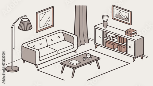 Isometric Illustration of a Modern Living Room Interior with Sofa Coffee Table and Sideboard.