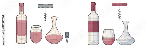 Assortment of wine accessories including bottles, stemless glasses, decanters, and corkscrews presented with a grid overlay