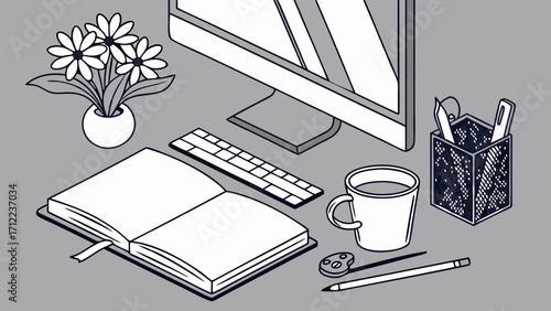 Isometric illustration of a modern workspace with computer notebook and coffee mug.
