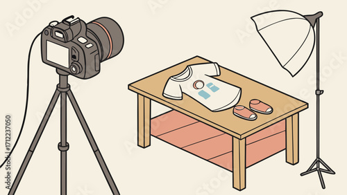 Isometric Illustration of a Product Photography Setup with Camera Lighting and Clothing Items on a Table.