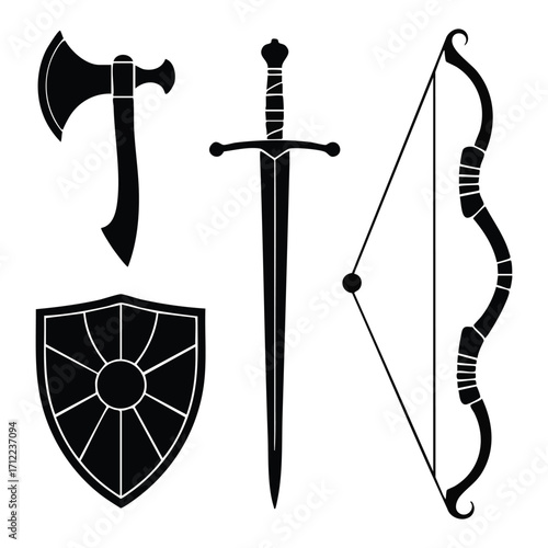 A vector illustration of a black and white medieval sword icon