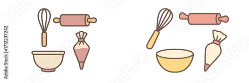 Baking tools and kitchen utensils for pastry preparation including whisk, rolling pin, mixing bowl, and piping bag