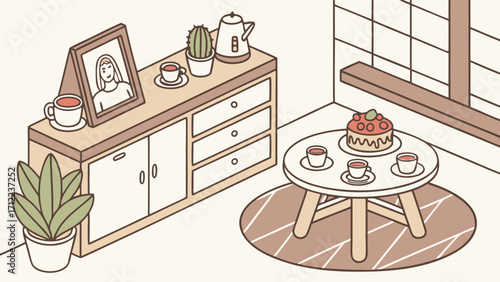 Isometric Illustration of Cozy Room Interior with Cake and Tea Cups.