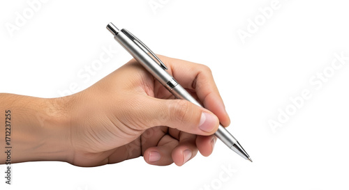 Bild auf Leinwand Isolated hand holding silver pen ready to write or sign a document on neutral ba