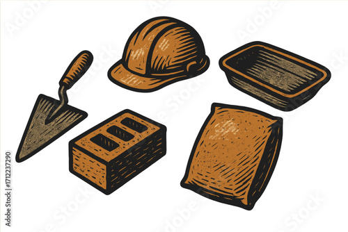 Essential construction tools and building materials including hard hat, trowel, brick, cement bag, and mortar pan for masonry and building projects