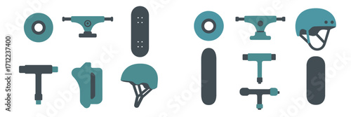 Essential skateboard components set including wheels, trucks, deck, helmet, and a versatile tool for assembly and maintenance of extreme sports equipment