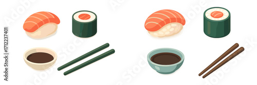 Isometric set of traditional Japanese sushi, including nigiri and maki rolls, with soy sauce bowls and chopsticks