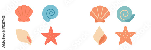Colorful collection of diverse marine life elements featuring various seashells and starfish designs