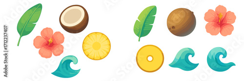 Vibrant tropical summer elements with exotic flowers, fruits, and ocean waves for beach holiday designs