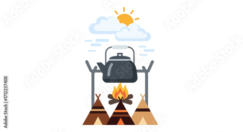 Kettle boiling over a campfire with teepees under a sunny sky.