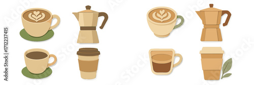 Assortment of coffee cups, mugs, and moka pot with latte art in modern paper cut style on white background