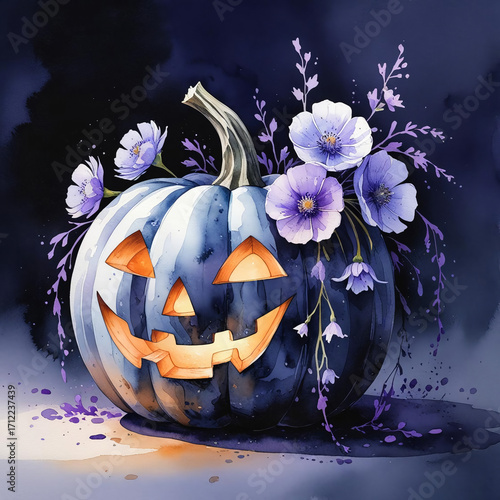 Soft Watercolor Halloween Illustration with Carved Pumpkin and Purple Flowers on Dark Background