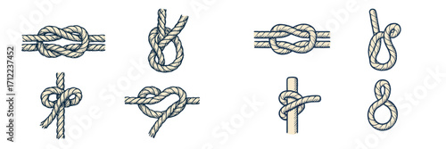 Collection of diverse nautical rope knots including square knot, bowline, and figure eight for sailing, boating, and marine activities
