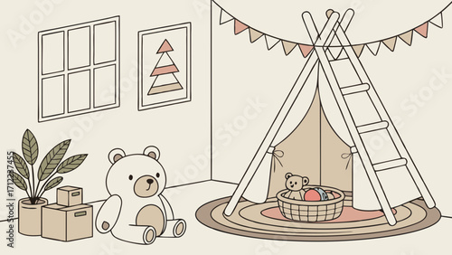 Kids room decor teepee play tent childrens illustration nursery design cute stuffed animals play area home interior kids furniture playhouse childs bedroom pastel colors Scandinavian s.