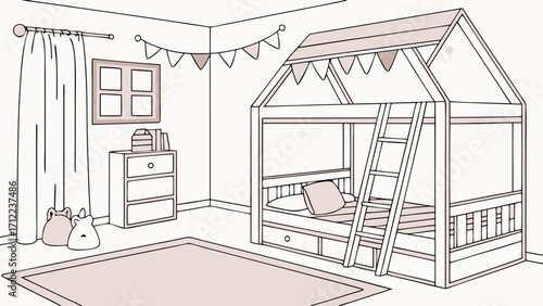 Kids room illustration house bed childrens bedroom design nursery decor bunk bed interior design sketch simple illustration cute room playful bedroom kids furniture childs room house s.