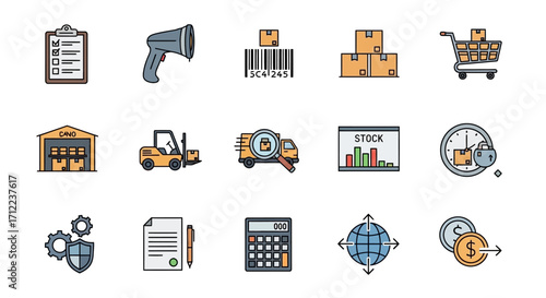 Logistics and Supply Chain Management Icons Representing Various Business Operations.
