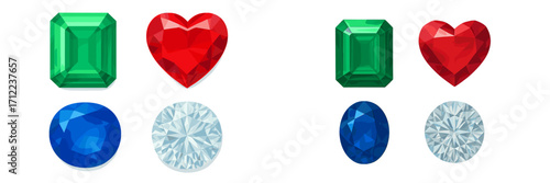 Collection of sparkling faceted gemstones in various shapes and colors including emerald, heart, round, and oval cuts