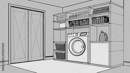 Laundry room design modern washing machine storage shelves clean interior home organization practical design efficient space home improvement interior design sketch white appliance shel.